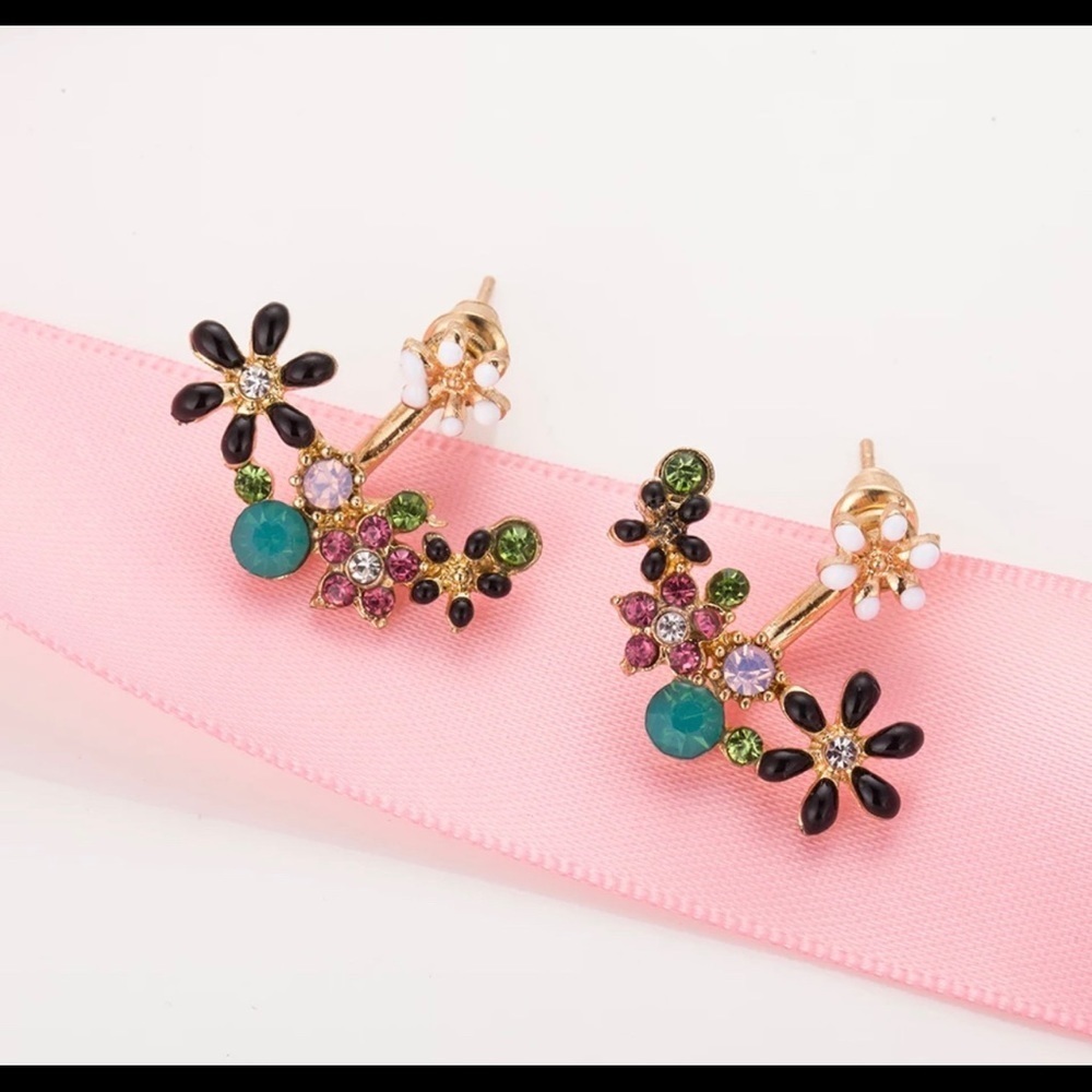 Floral Crystal Ear Jacket Stud Earrings - Gold Tone, Multi-Color Gem Accents,